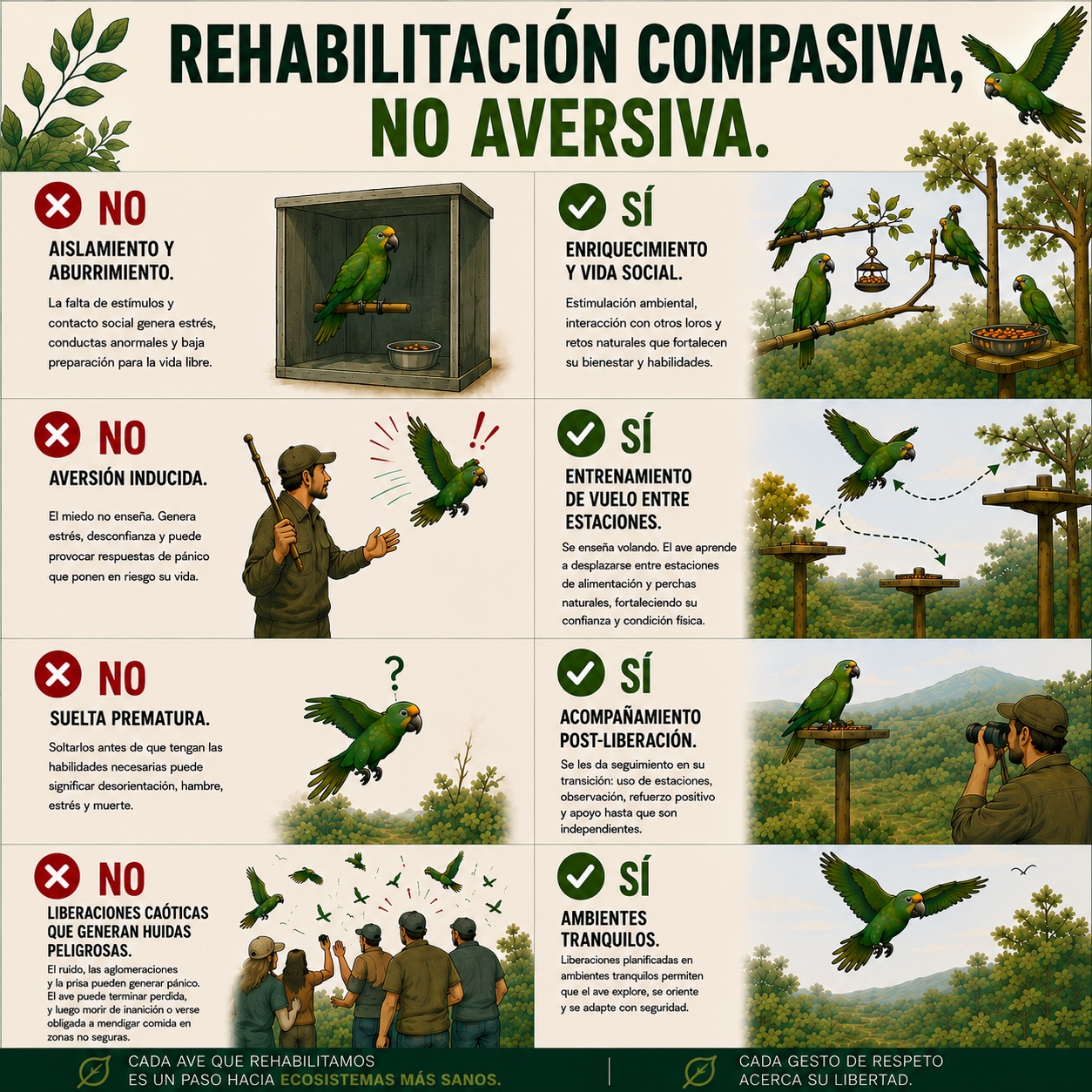 Infografía: Rehabilitación compasiva, no aversiva. Comparativa NO/SÍ — aislamiento vs. enriquecimiento y vida social; aversión inducida vs. entrenamiento de vuelo entre estaciones; suelta prematura vs. acompañamiento post-liberación; liberaciones caóticas vs. ambientes tranquilos.
