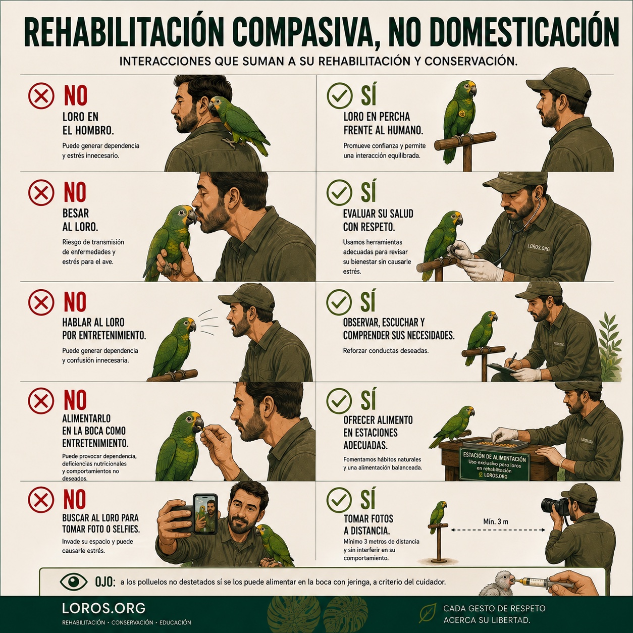 Infografía: Rehabilitación compasiva, no domesticación. Comparativa NO/SÍ — loro en hombro vs. en percha frente al humano; besar al loro vs. evaluar su salud con respeto; hablar por entretenimiento vs. observar y comprender necesidades; alimentar en la boca vs. ofrecer alimento en estaciones adecuadas; selfies vs. tomar fotos a distancia mínima 3 m.